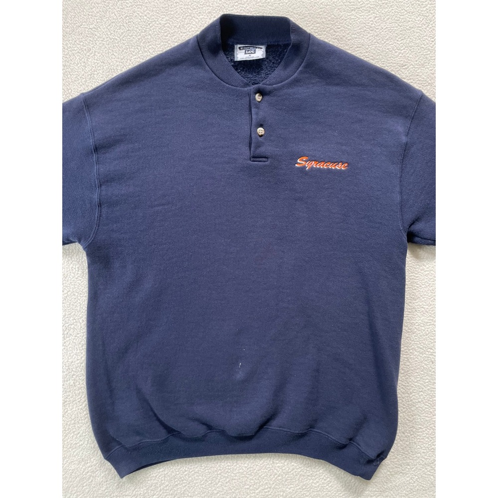 80s USA Vintage Lee Mens Medium Sweatshirt Navy Blue Syracuse Henley Heavyweight